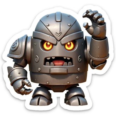 Cinematic Comical Mighty Iron Golem Portrait Emoji Head tilted dramatically with an exaggeratedly amused expression, featuring a bulky, armored form with a slightly lopsided stance, ancient runes flickering erratically, and one massive, jointed hand raised in a slow, deliberate wave. Wide, expressive glowing eyes give it an almost humorous, puzzled look, as if it’s contemplating something far beyond mortal understanding. Rendered with detailed metallic textures and deep, dynamic lighting, high shine, dramatic yet whimsical, styled with a hint of unexpected charm, soft glowing outline, capturing the essence of an endearing yet colossal guardian that looks ready to crack an impossibly slow, earth-shaking joke! sticker