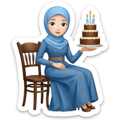 Turkish beautiful finish Konya girl blue eyes with denim hijab long tail dress and sits on the chair and holds cake with her hand  sticker