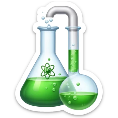 An icon featuring a chemical flask, bubbling with liquid, and an atomic structure, symbolizing chemistry. The design includes molecules, a periodic table, and laboratory equipment, representing the study of chemical reactions and elements. Transparent background highlights scientific research. sticker