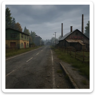 a view of the city street in a videogame: DayZ - in the town of berezio "lumber" [no text contained in the image] sticker