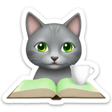 gray cat with green eyes drinks coffee and reads a book sticker