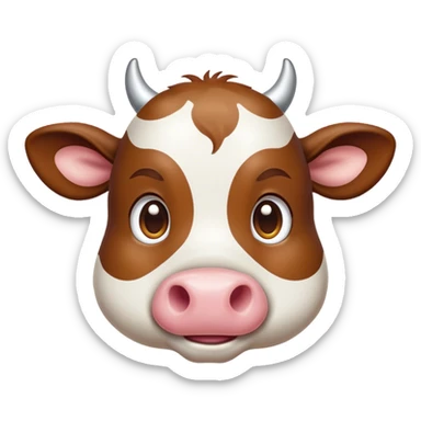 Cinematic Cute Brown and White Cow Portrait Emoji, Head tilted playfully and inquisitively, featuring a glossy, richly patterned hide of brown with striking white patches, round, sparkling brown eyes filled with gentle curiosity, Simplified yet irresistibly adorable features, highly detailed, glowing with a warm, friendly glow, high shine, affectionate and serene, stylized with a touch of country charm, bright and endearing, soft glowing outline, capturing the essence of a mischievous yet loving cow, so playful it feels like it could moo out of the screen and into your arms! sticker
