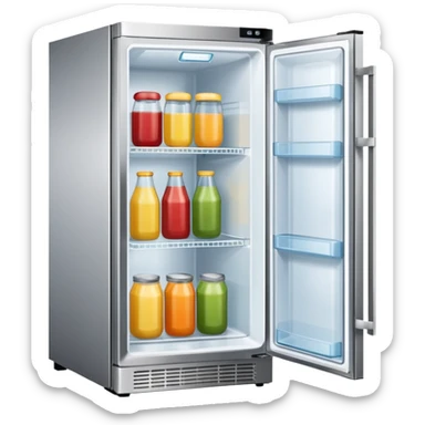A refrigerator with a transparent front glass divided into three compartments, empty and unoccupied. The refrigerator faces forward. sticker