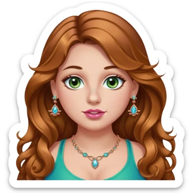 Girl girl long wavy brown hair with caramel highlights, green/blue/gold eyes, plus size, pink girly top, right nostril rose gold nose ring with diamonds embedded sticker