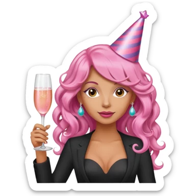 One lady with long pink curled hair and tan skin holding a glass of  pink champagne in each hand sticker