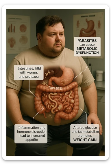 cinematic photo an overweight man is shown with a semi-transparent abdomen, highlighting the intestines filled with various types of parasites (such as worms or protozoa). Educational callouts explain how these parasites can disrupt metabolism and contribute to weight gain. The setting is a medical office, with charts and diagrams in the background. sticker