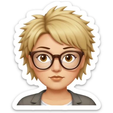  plus size white women with short light brown and blonde shaggy spiked hair wearing glasses with hazel color eyes and flat nose sticker