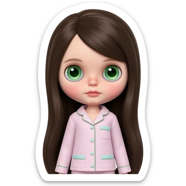 Make me an emoji that is wearing pajamas maker her a Blythe doll type emojiMake her hair longer Make her hair darker Make her hair a darker brown give her pale skin Maker more peach white pale Get rid of the rosiness in her cheeks and make her eyes green sticker