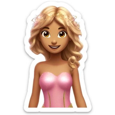 Flora the adult latina fairy of nature in her enchantix fairy pink clothing and fairy enchantix wings and long light brown hair from winx club. Small eyes, Lots of sparkles and fairydust. Full fairy bliss sticker