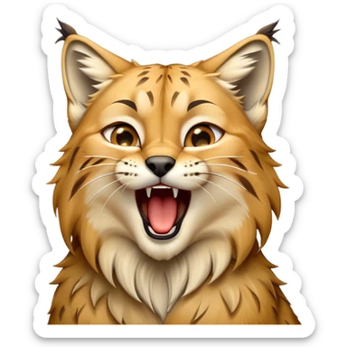 Cinematic-detailed-Yawning-Lynx-Portrait-Emoji – Head tilted slightly with a dramatic, wide-open yawn, revealing a sleek golden-brown fur coat with subtle spots, signature black ear tufts standing tall, round amber eyes barely open in drowsy contentment zoomed out to show the shoulders sticker
