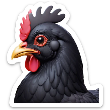 Cinematic Noble Black Chicken Portrait Emoji, Poised and regal, with a compact, sturdy build and a glossy, well-groomed pure black plumage, deep-set soulful beady eyes, Simplified yet sharp and sophisticated features, highly detailed, glowing with a soft, dignified glow, high shine, intelligent and alert, stylized with an air of mysterious elegance, focused and attentive, soft glowing outline, capturing the essence of a watchful and confident fowl, so majestic it feels as though it could strut out of the screen with effortless authority! sticker