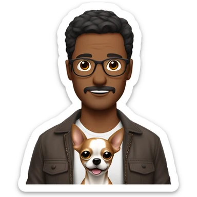 dark hair dark eye man with short mustache wearing glasses holding chihuahua sticker