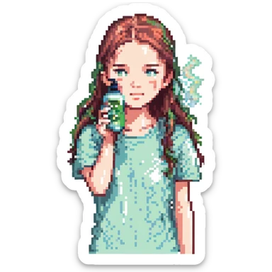 girl spraying face mist, clean and fresh, minimal background, modern style sticker