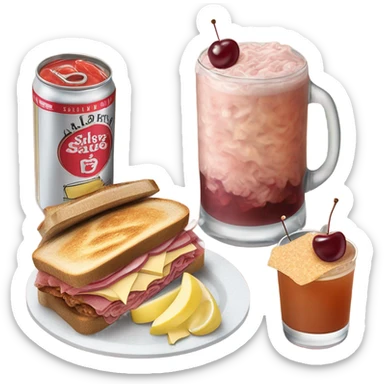 shirley temple drink with cherries and a Reuben sandwich sticker