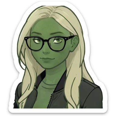 girl with black jacket , blonde hair long , and black glasses  sticker