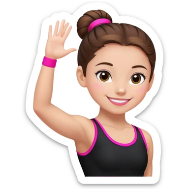 Happy female gymnast with brown hair in a neat bun, wearing a black uniform with neon pink elements. sticker