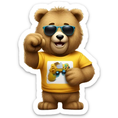 Fuzzy bear wearing a gaming shirt and wearing sunglasses and giving a fist bump  sticker