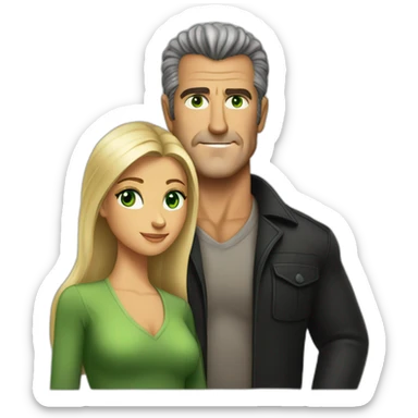 Mel gibson with a blond straight square cut woman with green eyes sticker