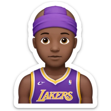["Black male, shaved head, wearing a purple Lakers jersey with headband."] sticker