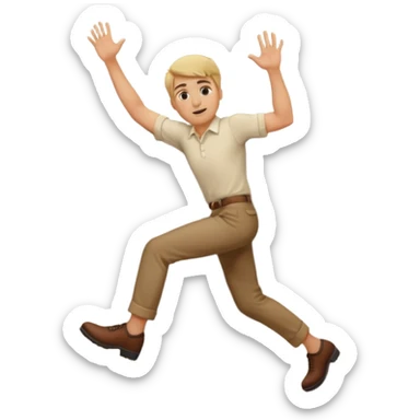Blonde man with brown trousers and cream shirt climbing over wall sticker
