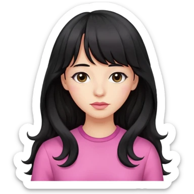 wavy long black hair with bangs, small lips, downturned black eyes, small large nose, pink clothes  sticker