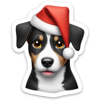 Black and white dog wearing a Christmas hat sticker