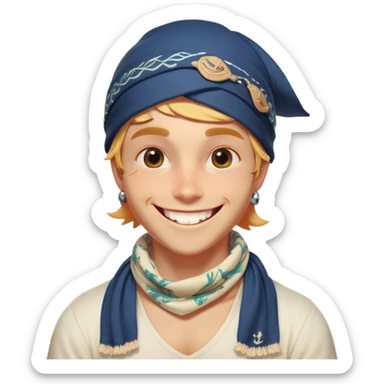 Clash of Clans aesthetic Playful Pirate Portrait Emoji, Head tilted with a roguish, cheeky grin and twinkling eyes, featuring a compact, spirited build with a jaunty hat and a quirky bandana, his natural skin tone evident, Simplified yet irresistibly charming features, highly detailed, glowing with a warm, inviting oceanic glow, high shine, spirited and lively, stylized with an air of whimsical maritime mischief, soft glowing outline, capturing the essence of a playful pirate exuding friendly rogue charm! sticker