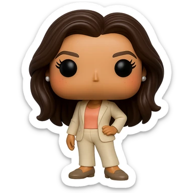 Edit the image to depict Eva Longoria in Funko Pop style vinyl figure with superior quality, luminous smooth tanned skin, detailed dark hair, textured cream blazer, peach top, cream bottoms, small pearly earrings, greige leather loafers clearly visible, cool pose, rosy cheeks, discreet freckles on the cheeks, eyelashes, mischievous and cheerful expression, no mouth, transparent background. sticker