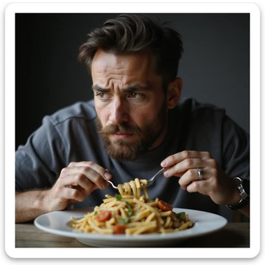 uomo di circa 20 anni, triste, che mangia un piatto di pasta, espressione triste, iperrealismo 4K, variazione 7 sticker