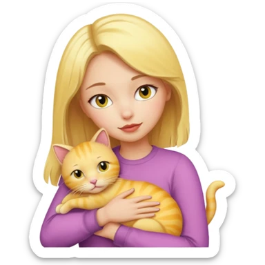 Sarışın elinde kedi olan ve hafif ruj ve rimel sürmüş sarı kedisine sarılan bir kız sticker