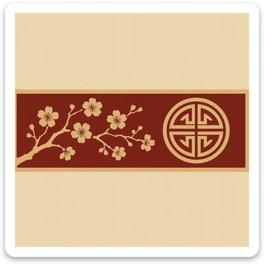 eastern style plaque for post signature, very wide and low long horizontal rectangle, only red and sand colors, with round gold ornament, sakura branch, no text, 900x180px sticker