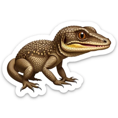 Cinematic Comical brown camo spotted monitor Lizard Portrait Emoji, Head tilted dramatically with an exaggeratedly shocked expression, featuring a robust, patterned body with wide, comically expressive eyes full of humorous disbelief, Simplified yet hilariously expressive features, highly detailed, glowing with a slightly sassy glow, high shine, dramatic yet playful, stylized with an air of quirky reptilian attitude, soft glowing outline, capturing the essence of a meme-worthy brown camo spotted monitor lizard that looks ready to side-eye its way into viral fame! sticker