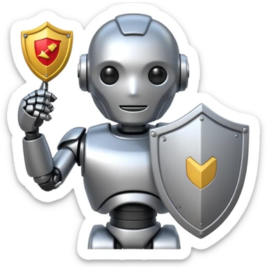 robotic email bouncer agent metallic holding a shield with 'No Spam' in front of an inbox emoji sticker