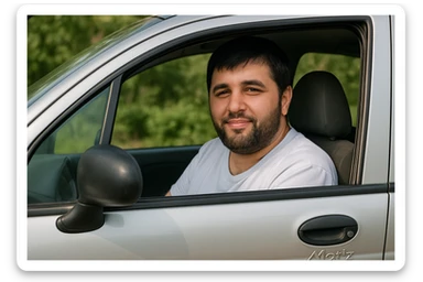 mana shu rasmdagi odam matiz mashinasining haydovchi o'rindig'ida o'tirib oynasidan kameraga qarab turgan holatini tasvirlab ber sticker