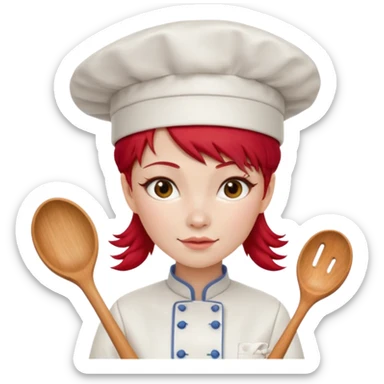 A woman with red Chinese hair and a chef's outfit, chef's hat and a wooden spoon sticker
