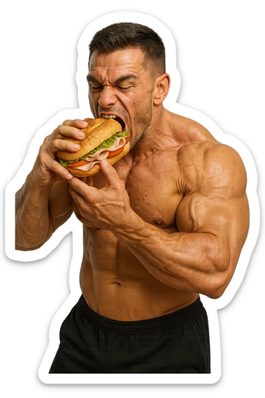 bodybuilder che mangia affamato un panino, iperrealistico 4k sticker