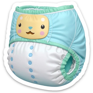 single disposable diaper, softly curved and puffed, white material with subtle pastel blue-green edges, elastic leg bands, folded sides, no baby or accessories, soft lighting, subtle shadows, emoji scale sticker