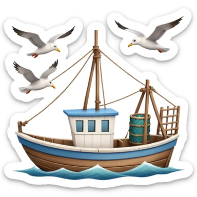 Design a small fishing boat with nets & seagulls around it. sticker