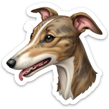 Cinematic Cute Yawning Brindle Greyhound Portrait Emoji, Head tilted slightly with a dramatic, wide-open yawn, showcasing a smooth brindle Fur with a refined pattern, floppy ears slightly drooping, round eyes barely open in drowsy contentment, Simplified yet irresistibly adorable features, highly detailed, glowing with a soft, cozy glow, high shine, relaxed yet expressive, stylized with a touch of whimsy, bright and endearing, soft glowing outline, capturing the essence of a sleepy yet affectionate racer, so drowsy it feels like it could stretch out of the screen and curl up for a nap! sticker