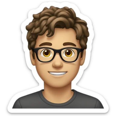 A 15 year old boy with brown hair, brown eyes and black glasses sticker