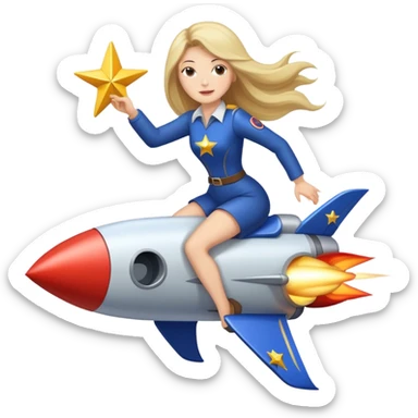 white women riding shooting star with a rocket booster sticker