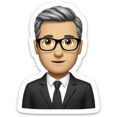 Lee Wetherington has Short black hair with gray on the sides, wearing black rectangular glasses and a suit sticker