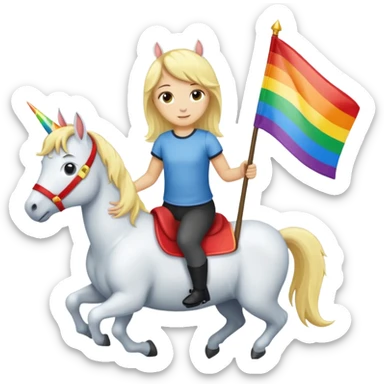 Ein blondes Mädchen mit gay Flagge was auf Einhorn reitet neben Ein junge mit schwarzen Haaren das auch auf Pferd reitet sticker