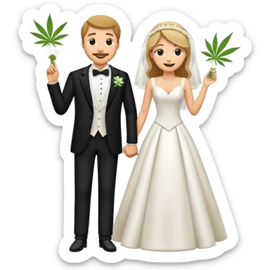 Full body view of bride in white dress and groom in tuxedo sharing a cannabis joint, cheerful cartoon wedding couple standing together sticker