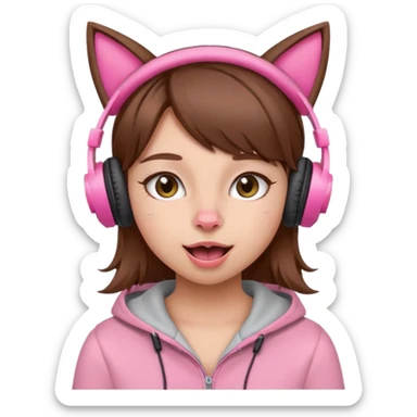 une fille avec des écouteursde chat rose et des cheveux brun qui fais une grimasse sticker