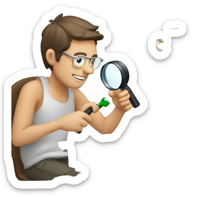 man using magnifying glass to read a computer monitor sticker