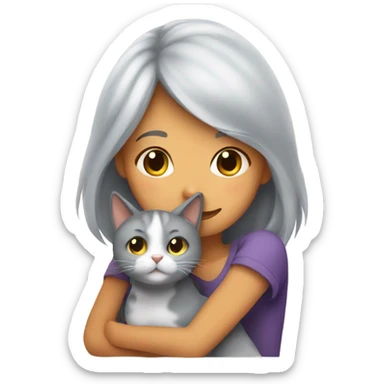 A girl with gray hair hugs a canine cat sticker