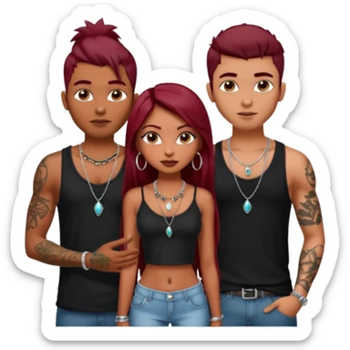 a pretty bratz fair indian girl with dark red straight hair, black cami top, silver dainty necklaces, rings, hoops, tattoos standing with two handsome lean but muscled guys sticker