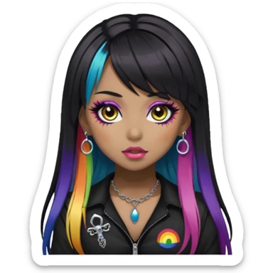 hime gyaru girl,  brown skin long black hair with rainbow fringe, tattoos, dark makeup, goth grunge clothes sticker