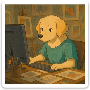ghibli style light dog graphic designer, focused at a computer, artistic atmosphere sticker